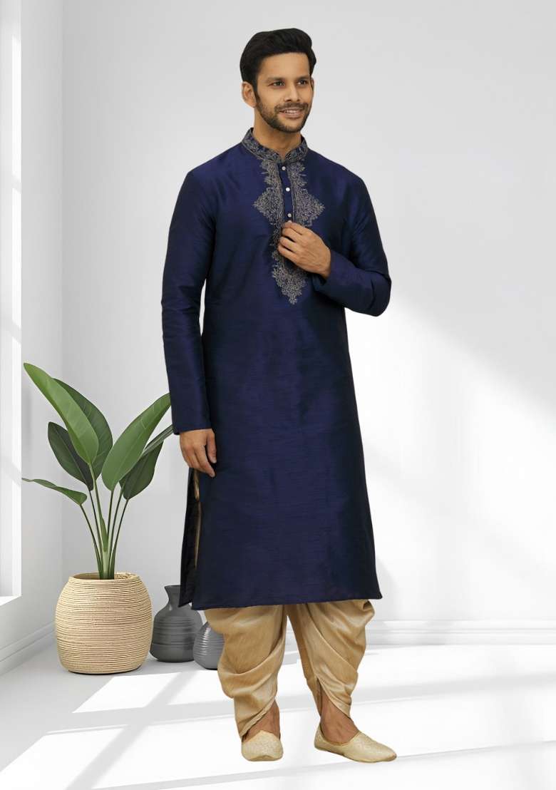 Navy Blue Solid Silk Blend Kurta Set For Men - Indya