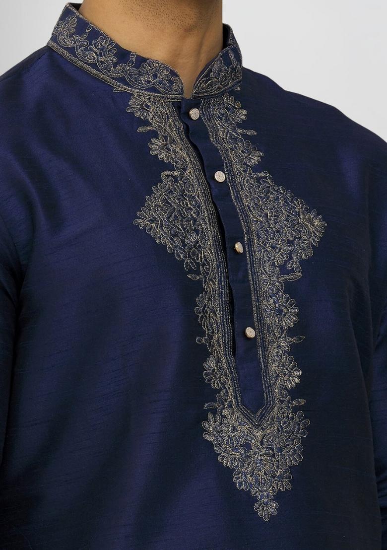 Navy Blue Solid Silk Kurta Set For Men - Indya