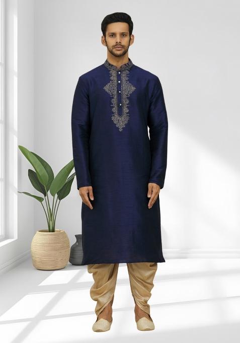 Navy Blue Solid Silk Blend Kurta Set For Men