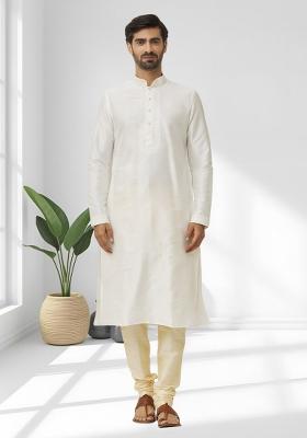 Off White Solid Silk Kurta Set For Men