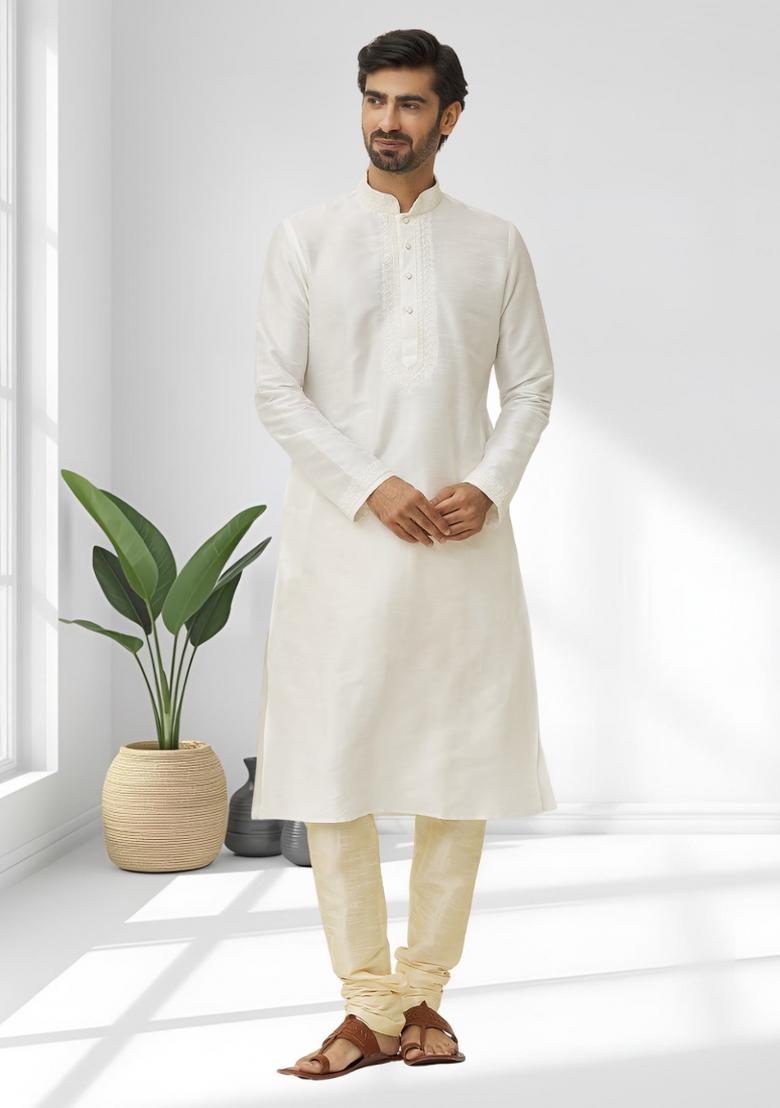 Off White Solid Silk Kurta Set For Men - Indya