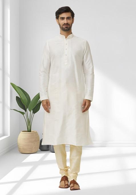 Off White Solid Silk Blend Kurta Set For Men