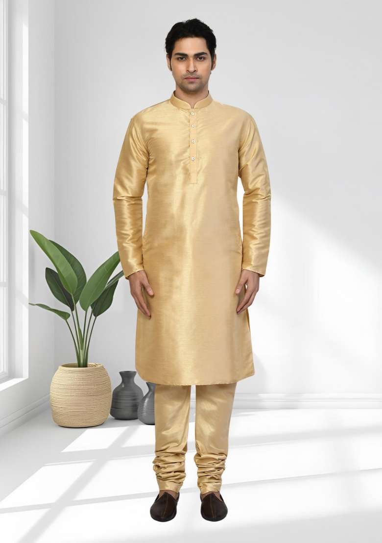 Gold Solid Silk Blend Kurta Set For Men - Indya
