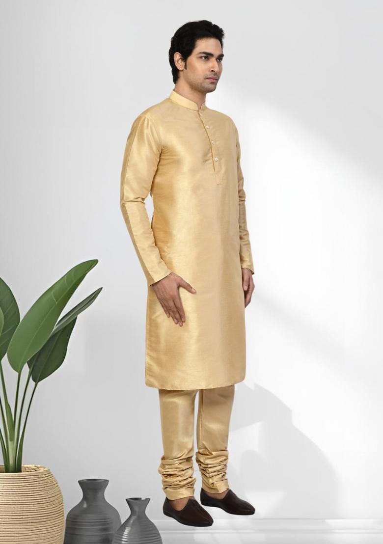 Gold Solid Silk Kurta Set For Men - Indya