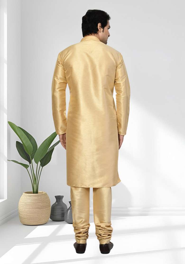 Gold Solid Silk Blend Kurta Set For Men - Indya