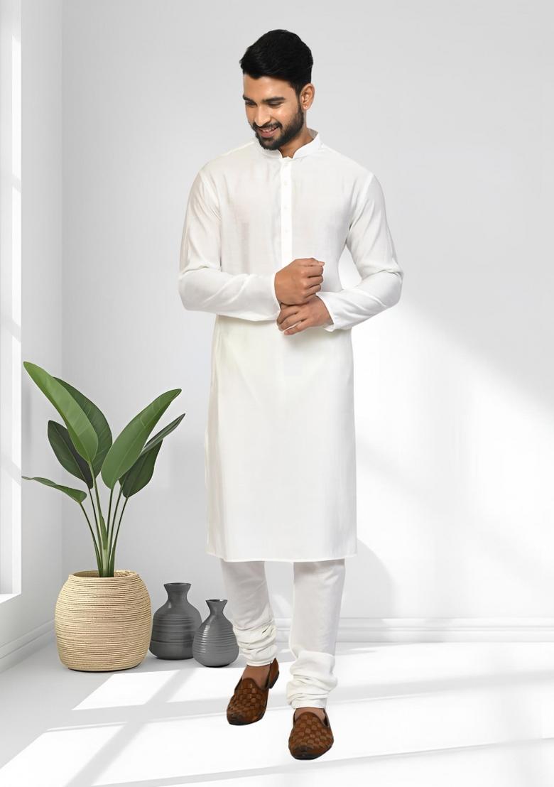 Off White Solid Silk Kurta Set For Men - Indya