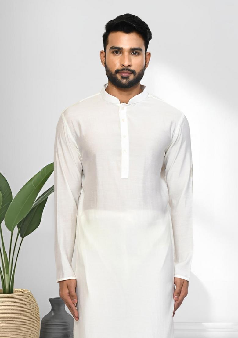 Off White Solid Silk Kurta Set For Men - Indya