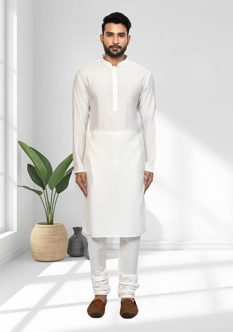 Off White Solid Silk Blend Kurta Set For Men