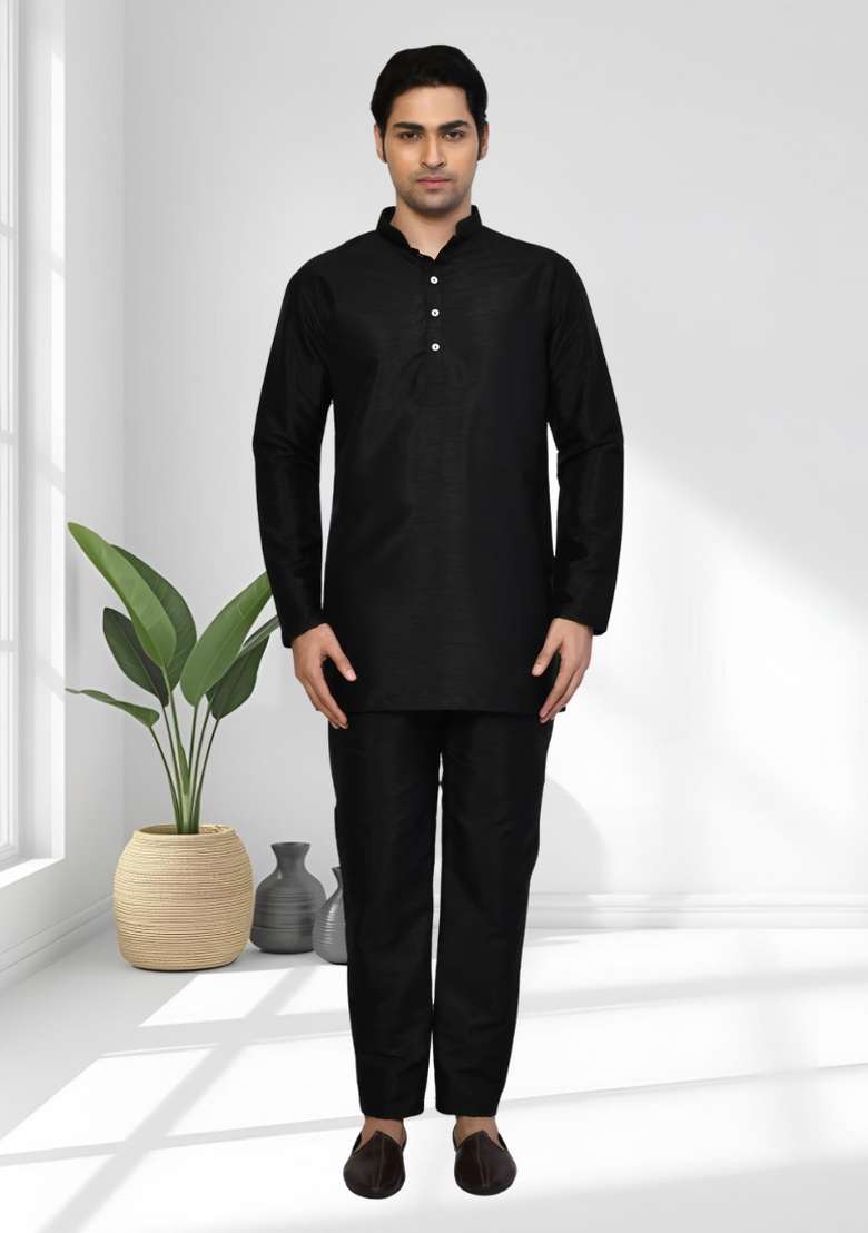 Black Solid Silk Blend Kurta Set For Men - Indya