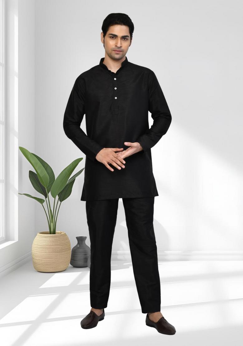 Black Solid Silk Kurta Set For Men - Indya