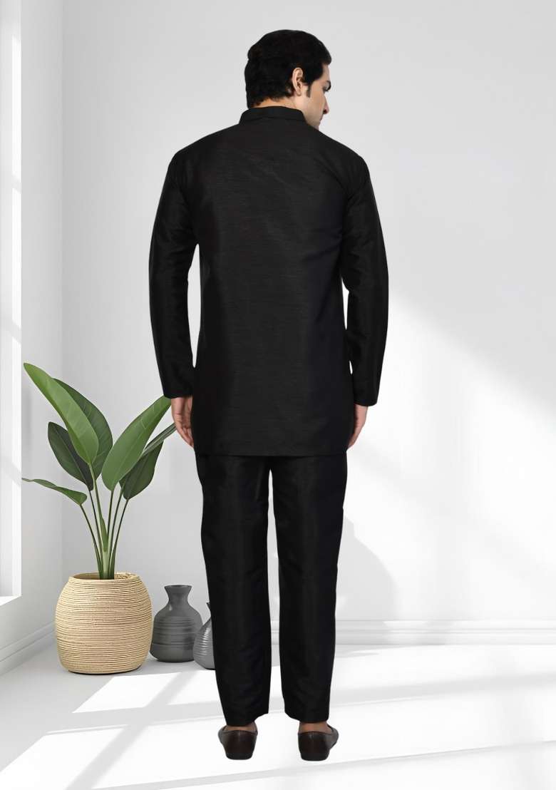 Black Solid Silk Blend Kurta Set For Men - Indya