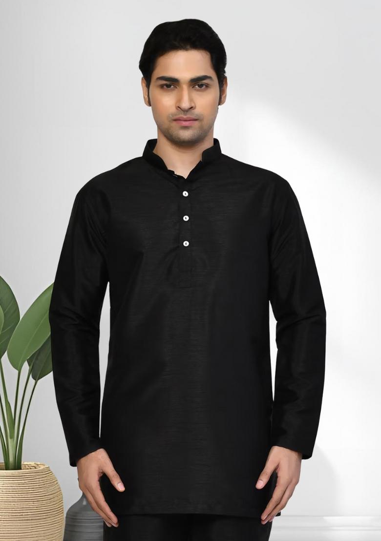 Black Solid Silk Kurta Set For Men - Indya