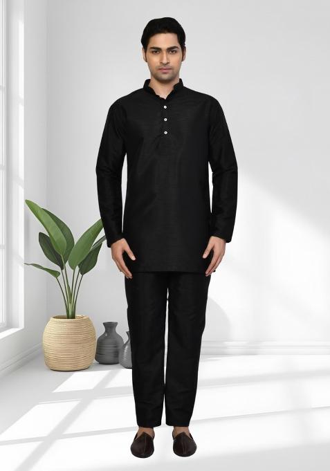 Black Solid Silk Kurta Set For Men