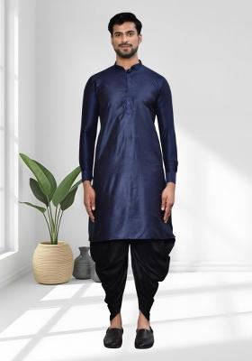 Navy Blue Solid Silk Kurta Set For Men