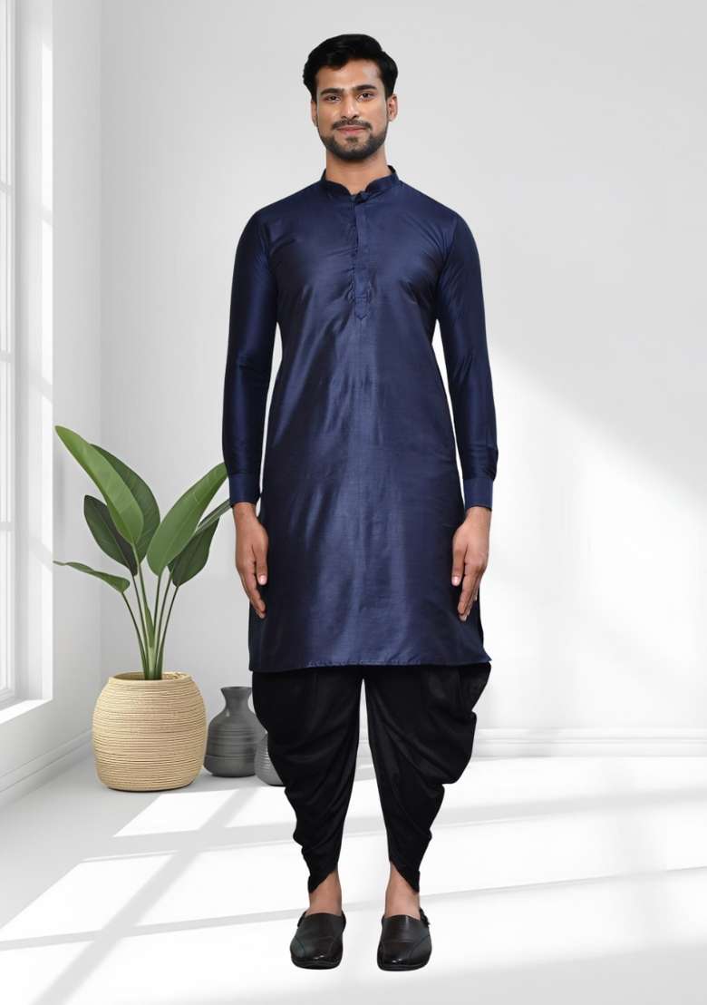 Navy Blue Solid Silk Blend Kurta Set For Men - Indya