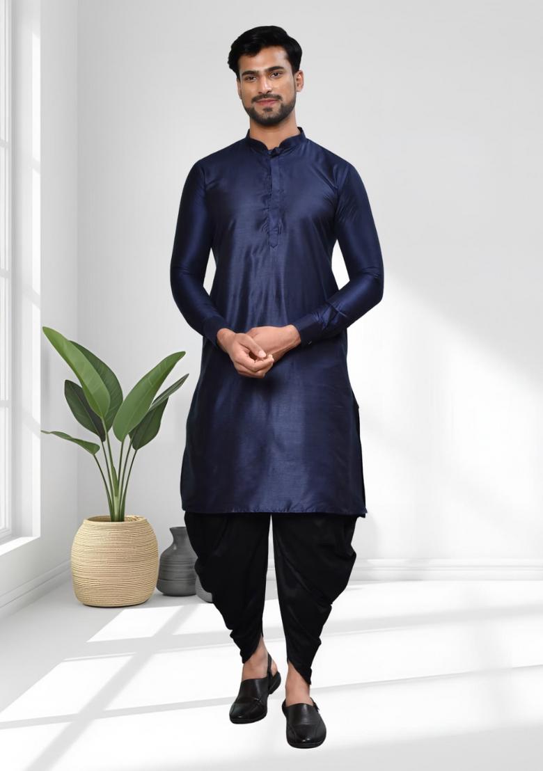 Navy Blue Solid Silk Kurta Set For Men - Indya