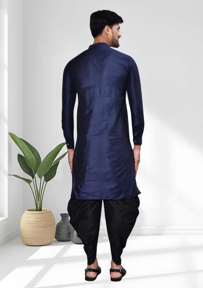 Navy Blue Solid Silk Blend Kurta Set For Men - Indya