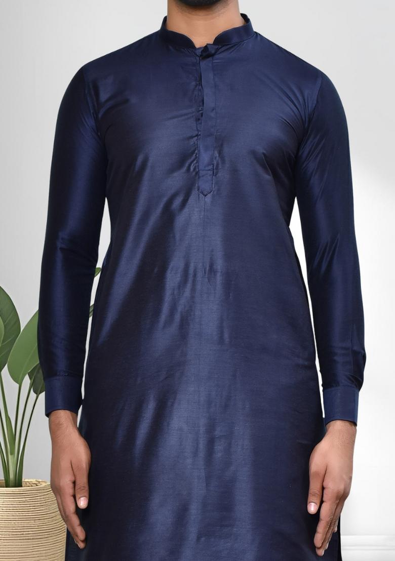 Navy Blue Solid Silk Kurta Set For Men - Indya