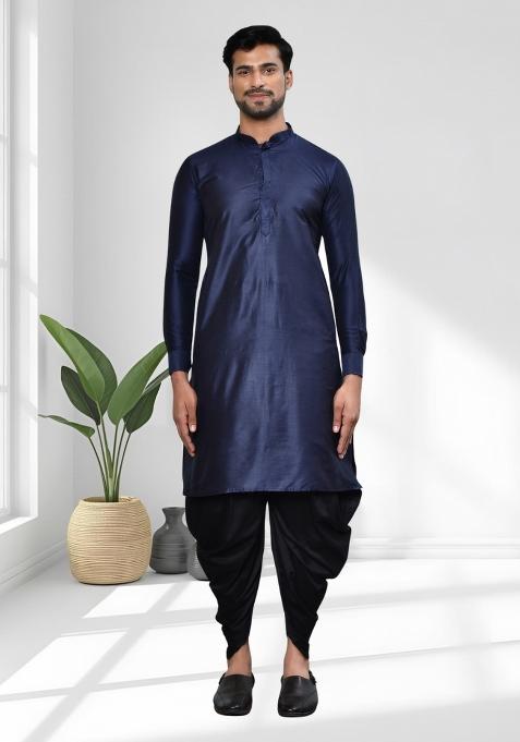 Navy Blue Solid Silk Blend Kurta Set For Men
