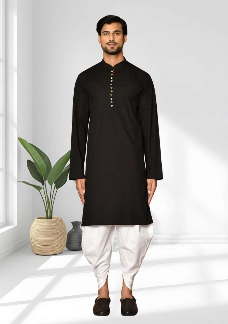 Black Solid Silk Blend Kurta Set For Men - Indya