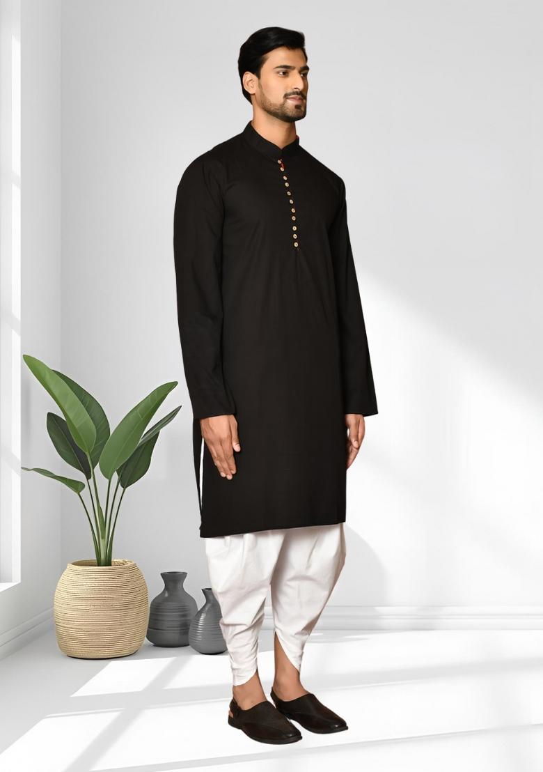 Black Solid Silk Kurta Set For Men - Indya
