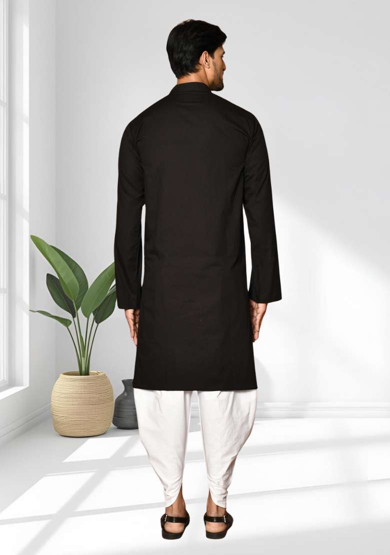 Black Solid Silk Blend Kurta Set For Men - Indya