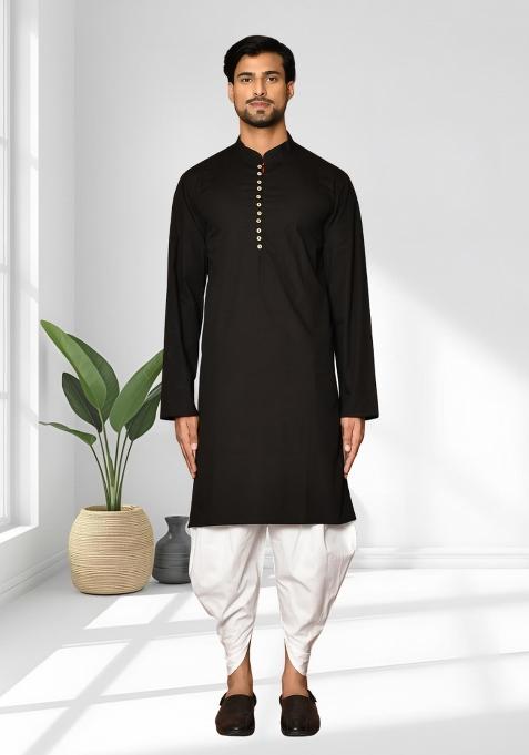 Black Solid Silk Kurta Set For Men