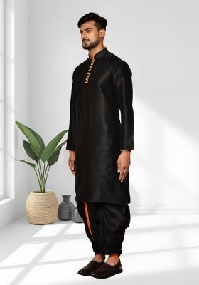 Black Solid Silk Kurta Set For Men