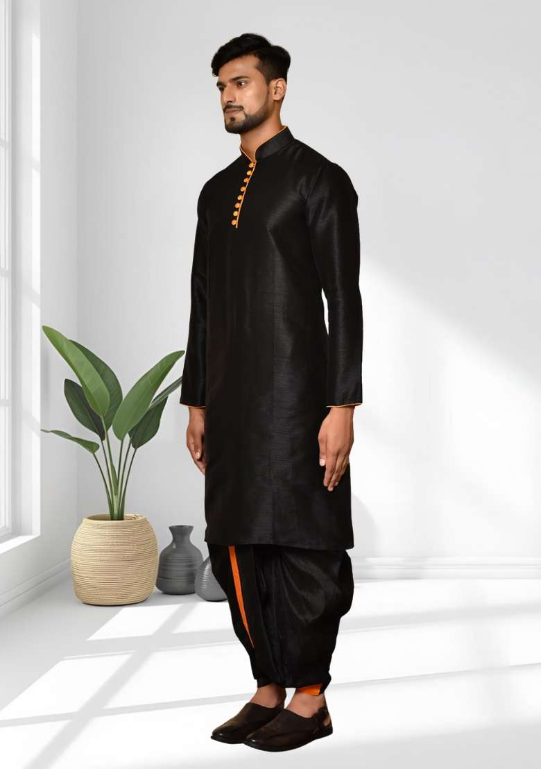 Black Solid Silk Blend Kurta Set For Men - Indya