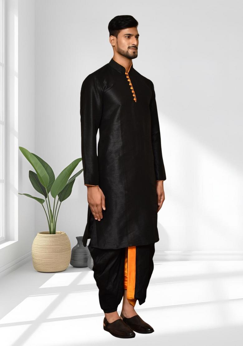 Black Solid Silk Kurta Set For Men - Indya
