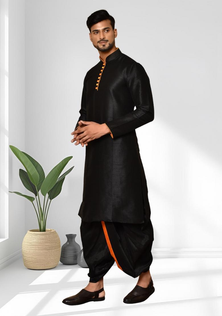 Black Solid Silk Kurta Set For Men - Indya