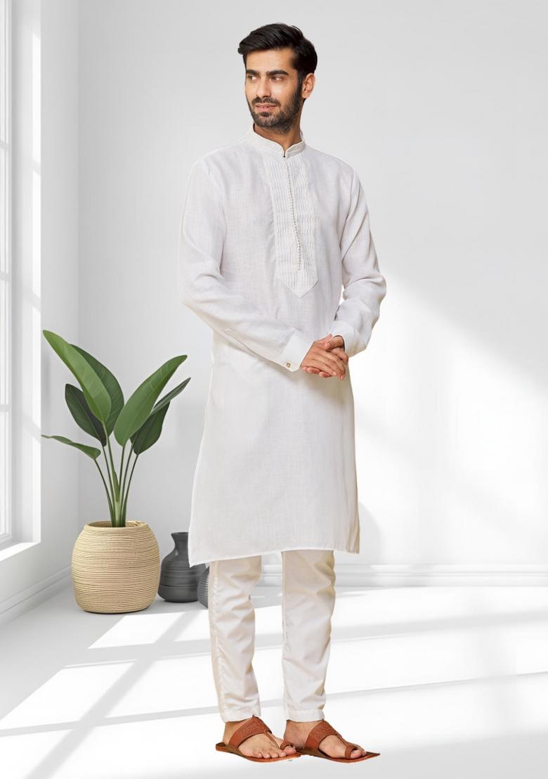 Off White Solid Cotton Kurta Set For Men - Indya