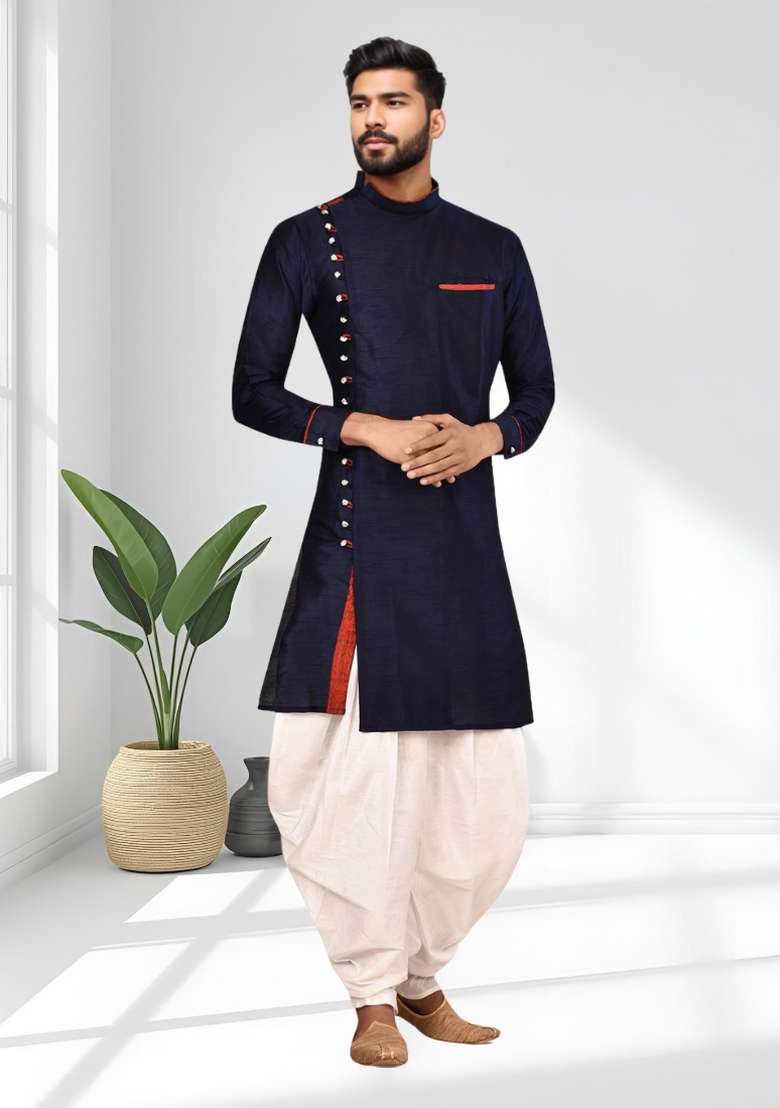 Navy Blue Solid Silk Blend Kurta Set For Men - Indya