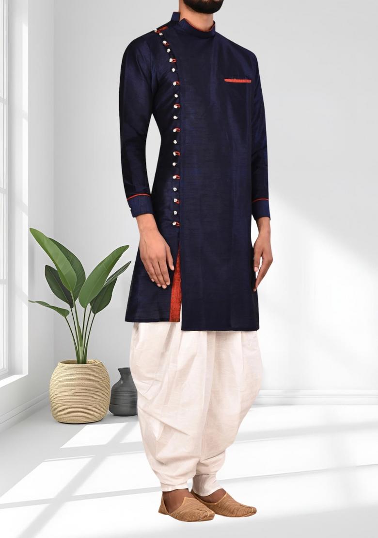 Navy Blue Solid Silk Kurta Set For Men - Indya