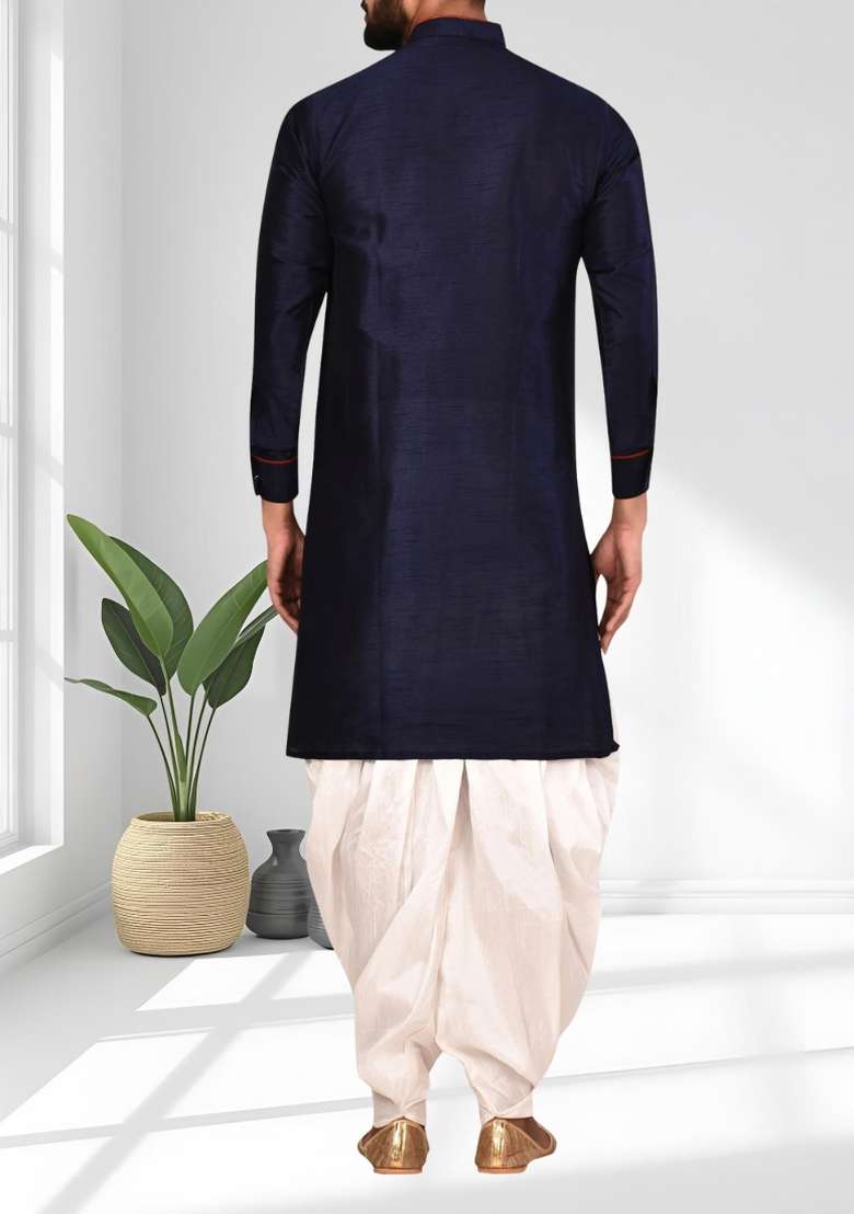 Navy Blue Solid Silk Blend Kurta Set For Men - Indya