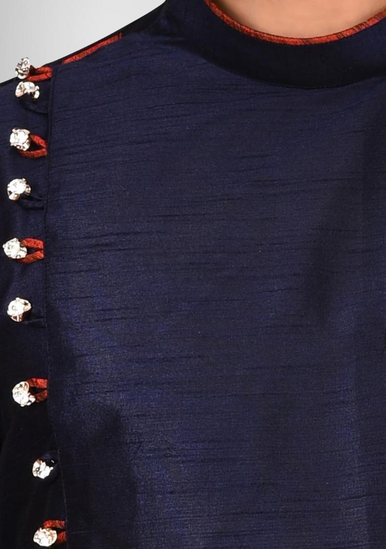 Navy Blue Solid Silk Kurta Set For Men - Indya