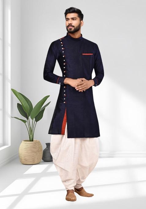 Navy Blue Solid Silk Blend Kurta Set For Men