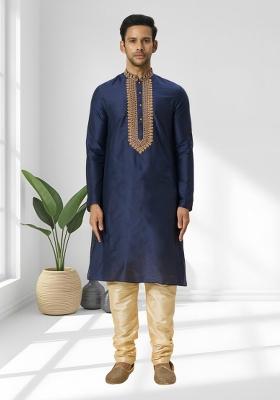 Navy Blue Solid Silk Kurta Set For Men