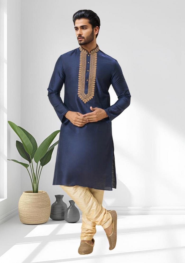 Navy Blue Solid Silk Kurta Set For Men - Indya