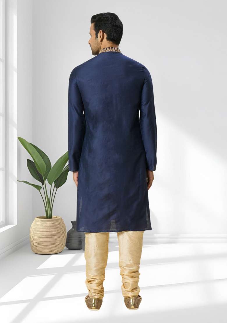 Navy Blue Solid Silk Blend Kurta Set For Men - Indya