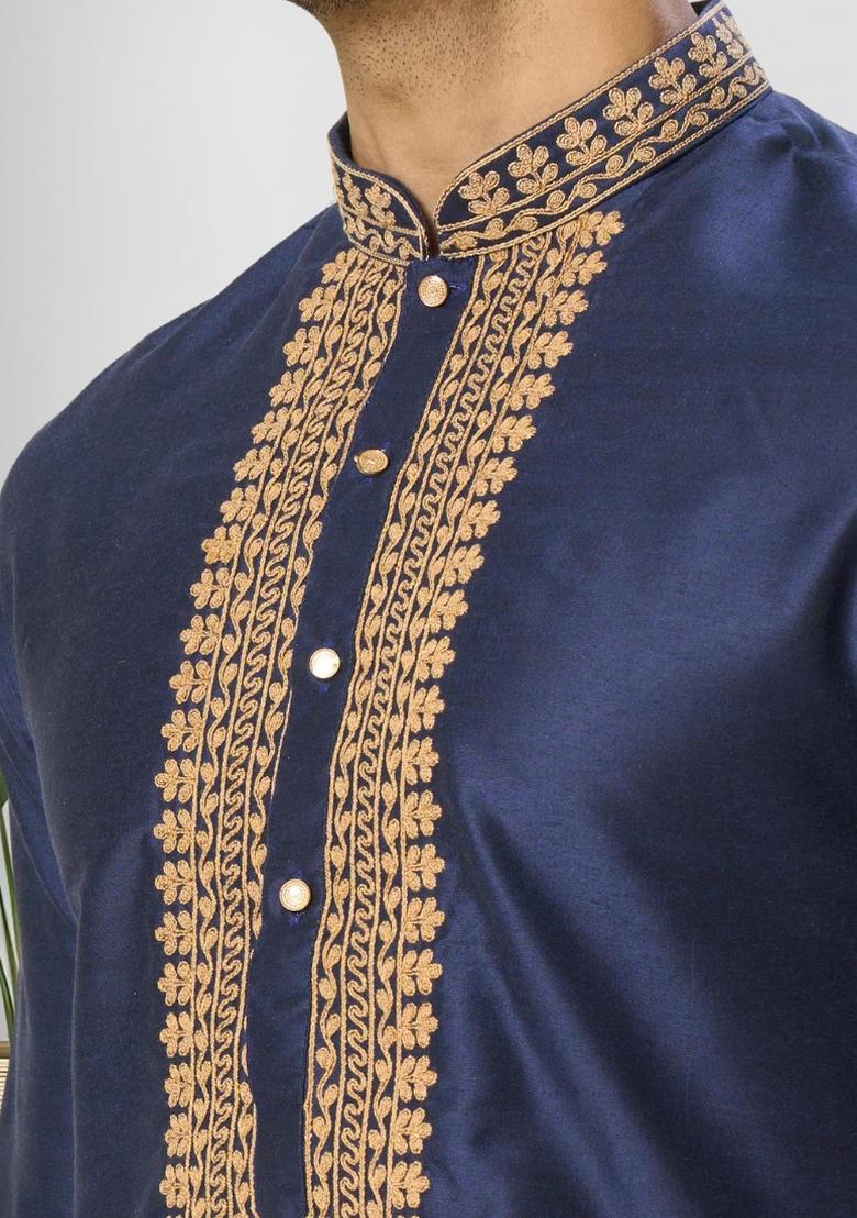 Navy Blue Solid Silk Kurta Set For Men - Indya