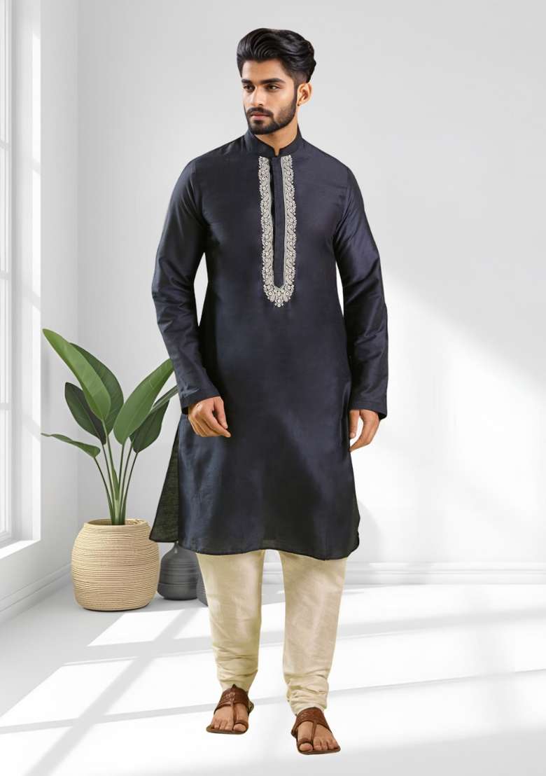 Navy Blue Solid Silk Blend Kurta Set For Men - Indya