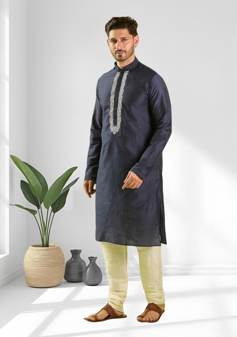 Navy Blue Solid Silk Kurta Set For Men - Indya
