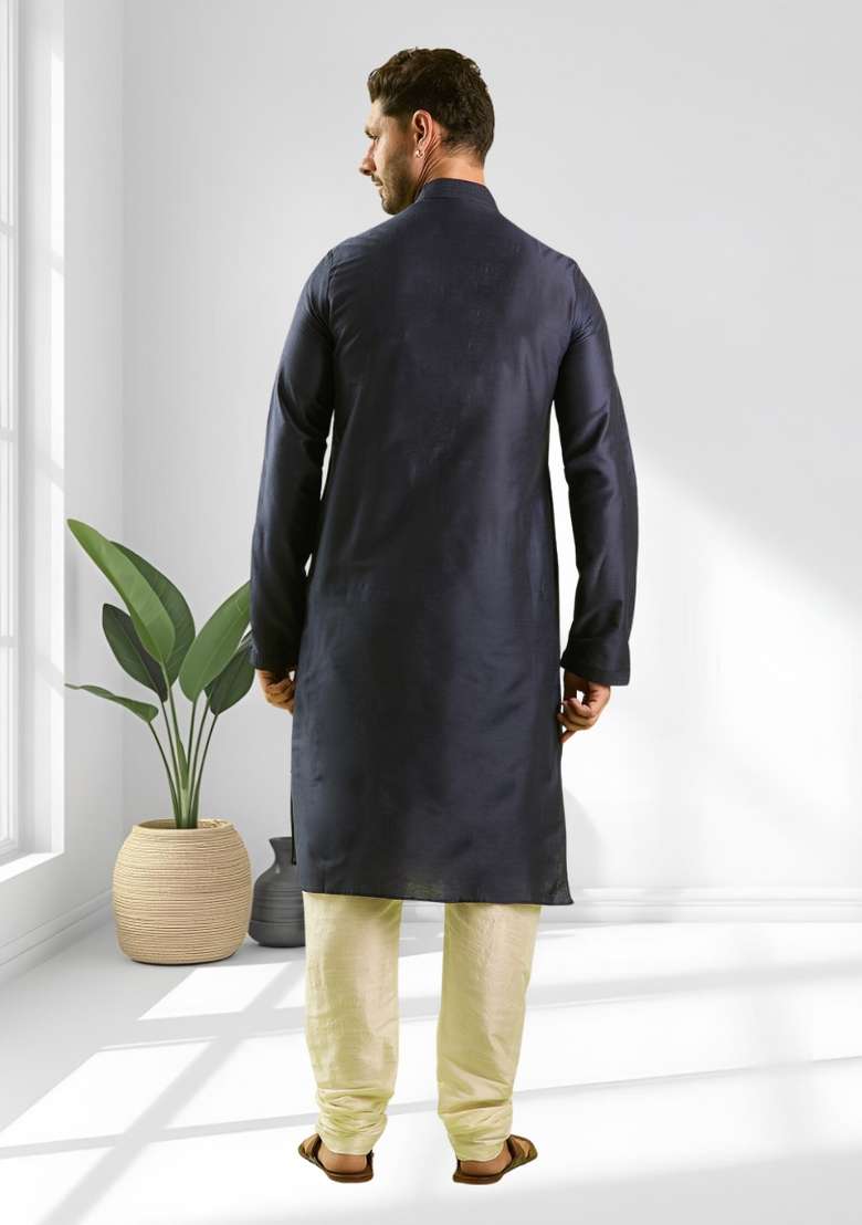 Navy Blue Solid Silk Blend Kurta Set For Men - Indya