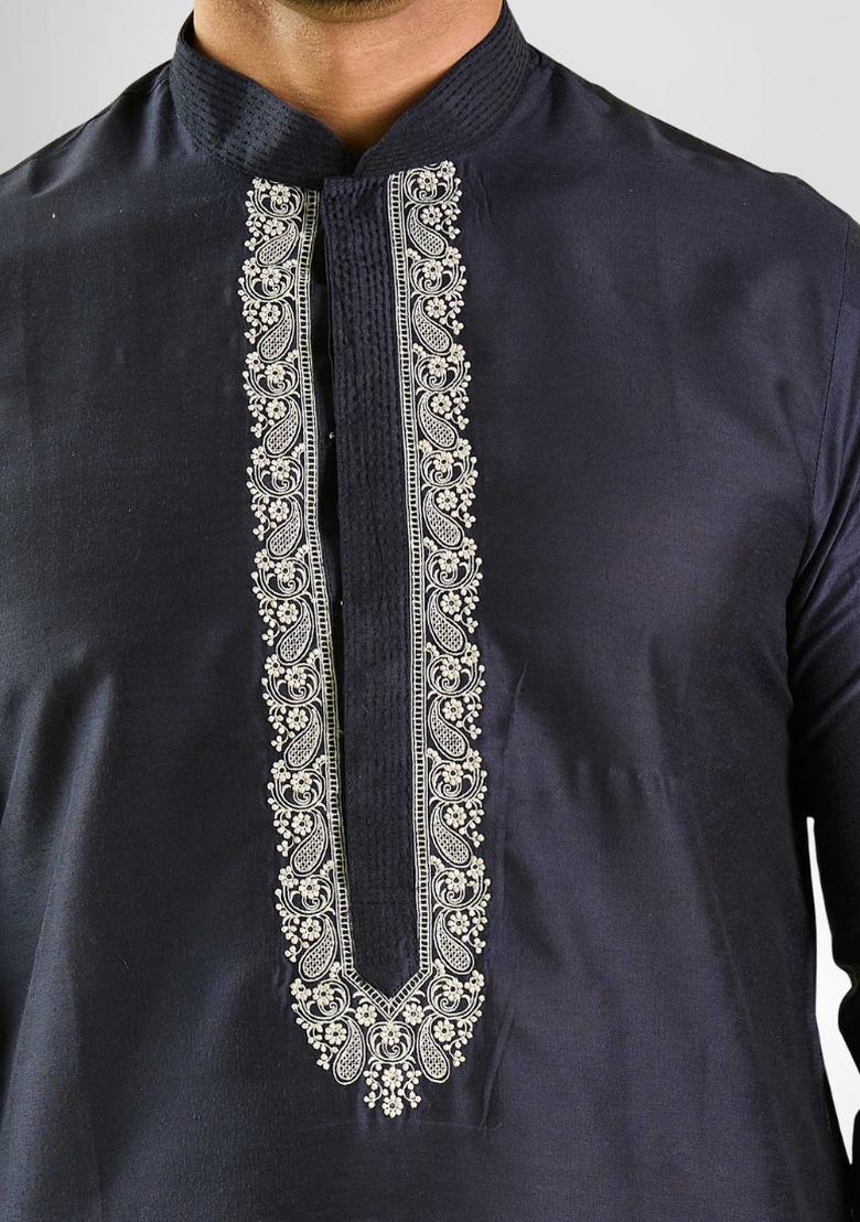 Navy Blue Solid Silk Kurta Set For Men - Indya