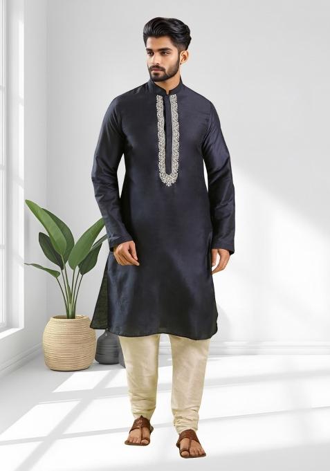 Navy Blue Solid Silk Blend Kurta Set For Men