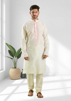 Cream Solid Silk Kurta Set For Men