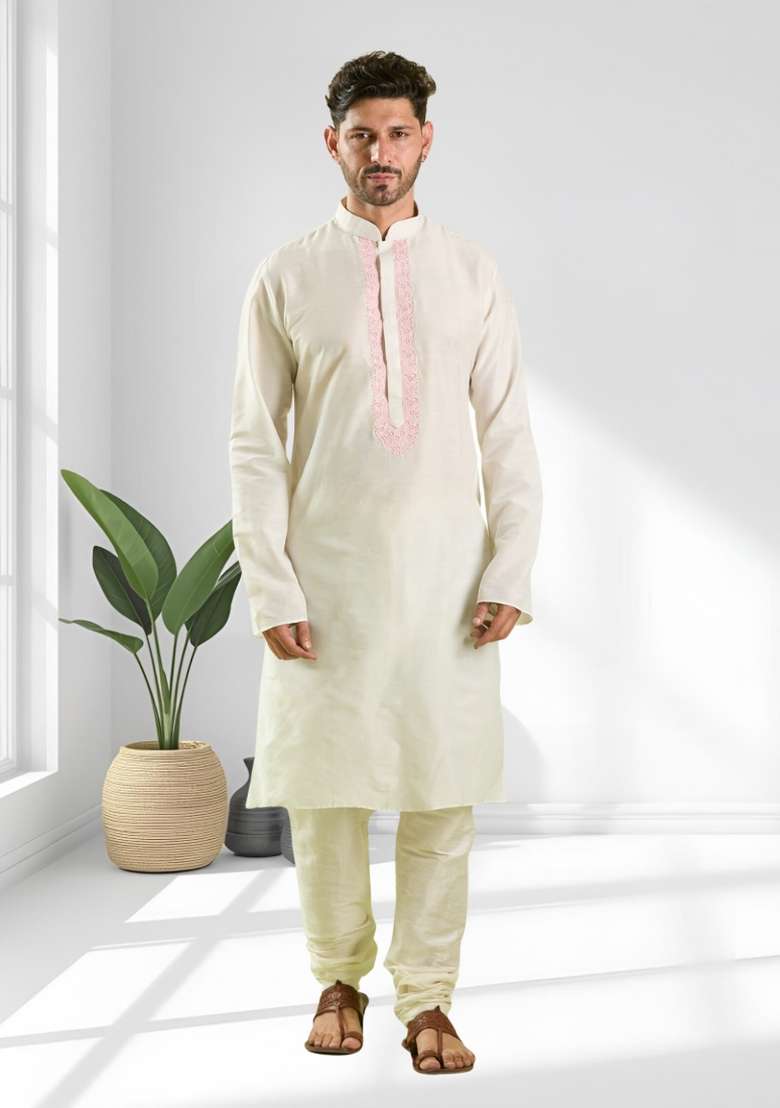 Cream Solid Silk Blend Kurta Set For Men - Indya