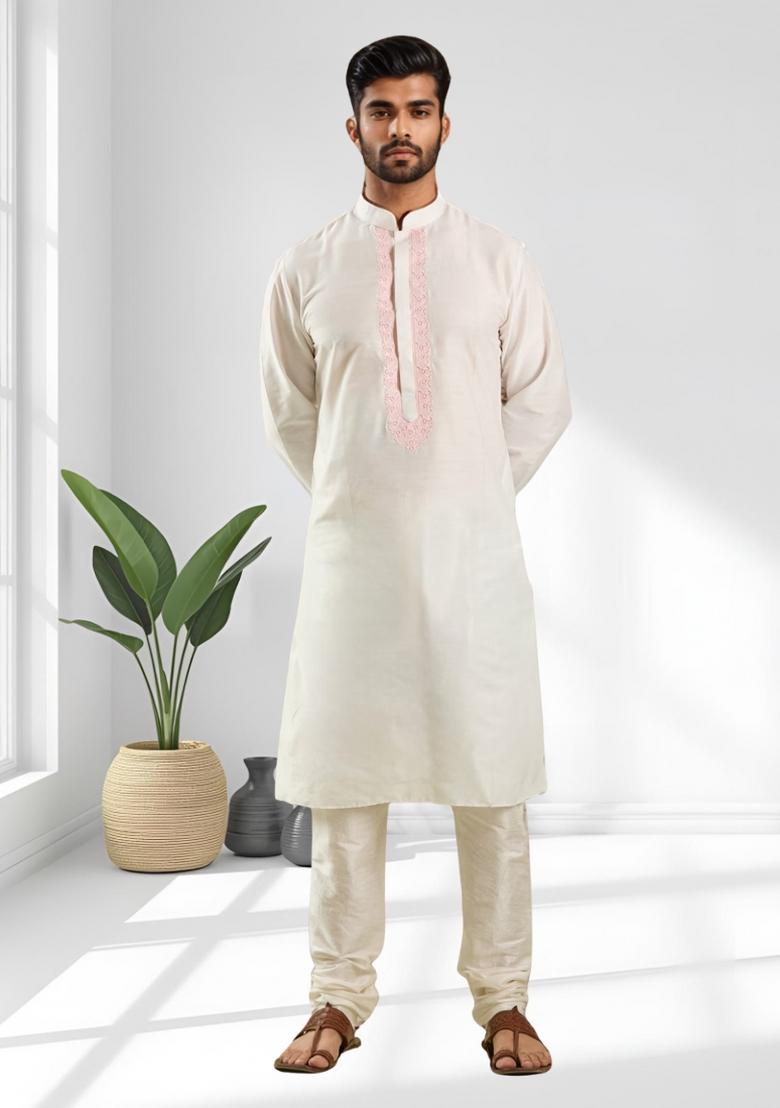 Cream Solid Silk Kurta Set For Men - Indya