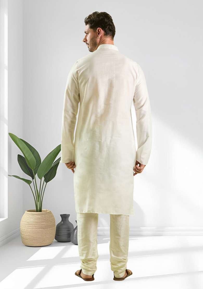 Cream Solid Silk Blend Kurta Set For Men - Indya